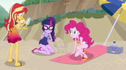Size: 1585x885 | Tagged: safe, screencap, character:pinkie pie, character:spike, character:spike (dog), character:sunset shimmer, character:twilight sparkle, character:twilight sparkle (scitwi), species:dog, species:eqg human, episode:x marks the spot, g4, my little pony:equestria girls, beach, bottle, clothing, cropped, curvy, feet, flip-flops, geode of sugar bombs, geode of telekinesis, glasses, magical geodes, ponytail, radio, sandals, sarong, skirt, sleeveless, swimsuit, umbrella