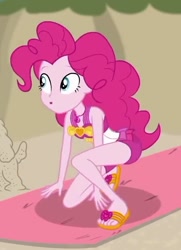 Size: 449x621 | Tagged: safe, screencap, character:pinkie pie, episode:x marks the spot, g4, my little pony:equestria girls, adorasexy, beach, beach towel, clothing, curvy, cute, diapinkes, feet, flip-flops, sandals, sexy, sleeveless, swimsuit