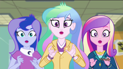Size: 1920x1080 | Tagged: safe, screencap, character:dean cadance, character:princess cadance, character:princess celestia, character:princess luna, character:principal celestia, character:vice principal luna, equestria girls:friendship games, g4, my little pony:equestria girls, cute, cutedance, cutelestia, lunabetes, shocked, vice principal luna