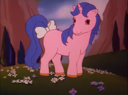 Size: 720x537 | Tagged: safe, screencap, character:majesty, episode:the golden horseshoes, g1, my little pony 'n friends, blank flank, bow, flower, golden horseshoes, mountain, pasture, pinkjesty, quatrefoil, special unicorn, tail bow
