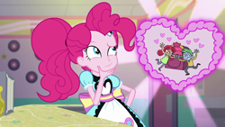 Size: 1920x1080 | Tagged: safe, screencap, character:pinkie pie, episode:coinky-dink world, eqg summertime shorts, g4, my little pony:equestria girls, alizarin bubblegum, alizary, celery stalk, cute, diapinkes, diner, diner uniform, female, pinkie the shipper, raised eyebrow, server pinkie pie, shipper on deck, thinking, waitress