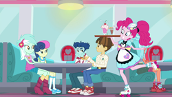 Size: 1920x1080 | Tagged: safe, screencap, character:bon bon, character:curly winds, character:frosty orange, character:lyra heartstrings, character:pinkie pie, character:sweetie drops, character:wiz kid, episode:coinky-dink world, eqg summertime shorts, g4, my little pony:equestria girls, adorabon, background human, clothing, converse, curly winds, cute, diner, gay, lyrabetes, male, roller skates, server pinkie pie, shipping, shoes, sneakers, some blue guy, wiz kid, wizwinds