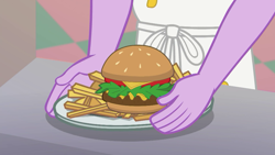 Size: 1920x1080 | Tagged: safe, screencap, episode:coinky-dink world, eqg summertime shorts, g4, my little pony:equestria girls, apron, burger, cheeseburger, clothing, diner uniform, food, french fries, greasy joe, hamburger, male, meat, plate