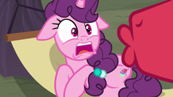 Size: 1280x720 | Tagged: safe, screencap, character:big mcintosh, character:sugar belle, species:pony, episode:hard to say anything, g4, my little pony: friendship is magic, disgusted, disturbed, duo, female, hammock, kissy face, male, mare, scared, stallion