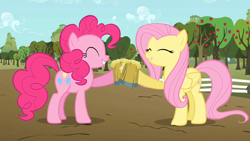 Size: 1280x720 | Tagged: safe, screencap, character:fluttershy, character:pinkie pie, species:earth pony, species:pegasus, species:pony, episode:the super speedy cider squeezy 6000, g4, my little pony: friendship is magic, apple tree, cheers, cider, duo, eyes closed, female, fence, happy, mare, mug, smiling, tankard, tree