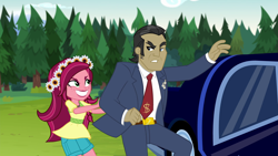 Size: 1920x1080 | Tagged: safe, screencap, character:filthy rich, character:gloriosa daisy, equestria girls:legend of everfree, g4, my little pony:equestria girls, grin, holding back, limousine, nervous, nervous grin, smiling