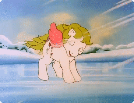 Size: 440x338 | Tagged: safe, screencap, character:surprise, episode:baby it's cold outside, g1, my little pony 'n friends, animated, gif, ice, solo, wind, wing warmers