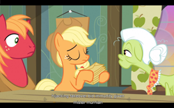 Size: 1024x640 | Tagged: safe, screencap, character:applejack, character:big mcintosh, character:granny smith, species:earth pony, species:pony, episode:apple family reunion, g4, my little pony: friendship is magic, apple family traffic light, male, stallion, youtube caption