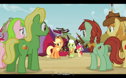 Size: 1024x640 | Tagged: safe, screencap, character:apple bloom, character:applejack, character:braeburn, character:candy apples, character:granny smith, character:red gala, character:wensley, episode:apple family reunion, g4, my little pony: friendship is magic, confession, racist barn, youtube caption