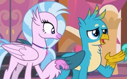 Size: 563x351 | Tagged: safe, screencap, character:gallus, character:silverstream, species:classical hippogriff, species:griffon, species:hippogriff, episode:non-compete clause, g4, my little pony: friendship is magic, duo, female, male
