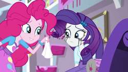 Size: 1280x718 | Tagged: safe, screencap, character:pinkie pie, character:rarity, equestria girls:dance magic, g4, my little pony:equestria girls, barrette, bracelet, crying, duo, duo female, female, jewelry, makeup, marshmelodrama, mascara, mascarity, rarity being rarity, running makeup, smiling, tissue, tissue paper