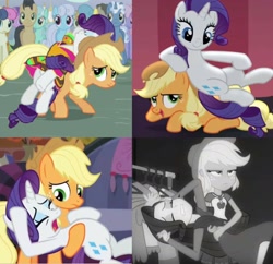 Size: 1600x1546 | Tagged: safe, screencap, character:applejack, character:rarity, species:pony, episode:fame and misfortune, episode:made in manehattan, episode:magic duel, episode:rarity investigates: the case of the bedazzled boot, g4, my little pony: friendship is magic, my little pony:equestria girls, applejack is not amused, female, marshmelodrama, rarity investigates (eqg): applejack, shipping fuel, unamused