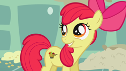 Size: 1280x720 | Tagged: safe, screencap, character:apple bloom, species:earth pony, species:pony, episode:call of the cutie, g4, my little pony: friendship is magic, apple bloom's bow, bow, fake cutie mark, female, filly, hair bow, happy, smiling