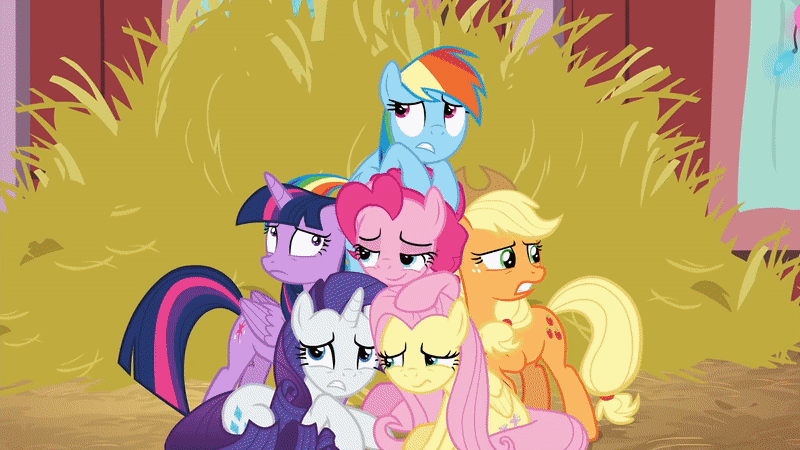 Size: 800x450 | Tagged: safe, screencap, character:applejack, character:fluttershy, character:gummy, character:pinkie pie, character:rainbow dash, character:rarity, character:twilight sparkle, character:twilight sparkle (alicorn), species:alicorn, species:pony, episode:best gift ever, episode:the great escape room, g4, my little pony: friendship is magic, animated, barn, christmas, clothing, confetti, gif, gift box, hat, hay, holiday, mane six, parachute, santa hat, scared