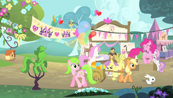 Size: 1280x720 | Tagged: safe, screencap, character:angel bunny, character:applejack, character:fluttershy, character:parasol, character:pinkie pie, character:red gala, character:sweetie belle, character:twinkleshine, species:earth pony, species:pegasus, species:pony, species:rabbit, species:unicorn, episode:filli vanilli, g4, my little pony: friendship is magic, apple family member, applejack's hat, bird house, bouncing, clothing, cowboy hat, female, filly, flag, hat, mare, spread wings, stetson, topiary, wagon, wings
