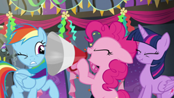 Size: 1280x720 | Tagged: safe, screencap, character:pinkie pie, character:rainbow dash, character:twilight sparkle, character:twilight sparkle (alicorn), species:alicorn, species:pony, episode:newbie dash, g4, my little pony: friendship is magic, megaphone, scrunchy face, streamers