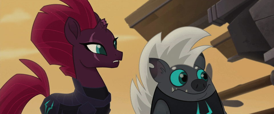 Size: 960x402 | Tagged: safe, screencap, character:grubber, character:tempest shadow, species:pony, species:unicorn, my little pony: the movie (2017), airship, animated, armor, broken horn, colored sclera, doubt, duo, eye scar, fangs, female, gif, hedgehog, horn, klugetown, looking at each other, loop, male, mare, raised eyebrow, reaction image, scar, skeptical, suspicious