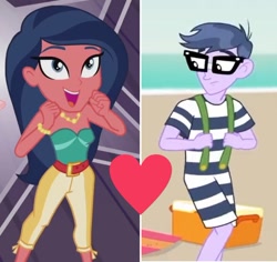 Size: 1221x1151 | Tagged: safe, screencap, character:desert sage, character:microchips, episode:lost and found, equestria girls:spring breakdown, g4, my little pony:equestria girls, background human, bare shoulders, beach, bracelet, bustier, clothing, crack shipping, cropped, desert sage, female, glasses, heart, jewelry, male, microsage, necklace, open mouth, shipping, shipping domino, sleeveless, straight, strapless, suspenders, swimsuit, tube top