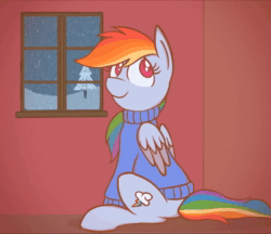 Size: 1536x1328 | Tagged: safe, artist:niteax, character:rainbow dash, species:pony, animated, clothing, cute, no sound, snow, snowfall, solo, sweater, webm, window, winter