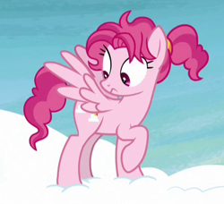 Size: 428x391 | Tagged: safe, screencap, character:bifröst, species:pegasus, species:pony, episode:school raze, g4, my little pony: friendship is magic, background pony, female, friendship student, looking back, mare, raised hoof, spread wings, standing on a cloud, wings