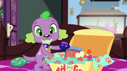 Size: 1920x1080 | Tagged: safe, screencap, character:spike, character:spike (dog), species:dog, episode:reboxing with spike!, g4, my little pony:equestria girls, clothing, cute, fabulous fido's faberge flying disk, looking at you, paws, slippers, smiling, spikabetes, tail