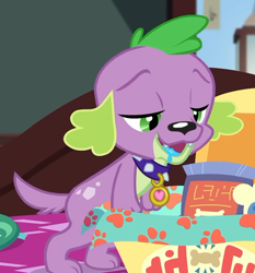 Size: 586x630 | Tagged: safe, screencap, character:spike, character:spike (dog), species:dog, episode:reboxing with spike!, g4, my little pony:equestria girls, box, collar, cropped, drool, drool string, fabulous fido's faberge flying disk, looking down, male, paws, tail