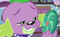 Size: 1146x720 | Tagged: safe, screencap, character:spike, character:spike (dog), species:dog, episode:reboxing with spike!, g4, my little pony:equestria girls, collar, fabulous fido's faberge flying disk, grin, male, paws, sci-twi's room, smiling, spike's dog collar