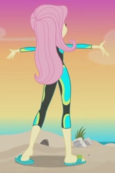 Size: 1392x2100 | Tagged: safe, screencap, character:fluttershy, my little pony:equestria girls, aww... baby turtles, beach, beautiful, clothing, cropped, feet, flip-flops, heel pop, sandals, sexy, solo, swimsuit, wetsuit