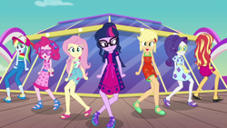 Size: 1920x1080 | Tagged: safe, screencap, character:applejack, character:fluttershy, character:pinkie pie, character:rainbow dash, character:rarity, character:sunset shimmer, character:twilight sparkle, character:twilight sparkle (scitwi), species:eqg human, episode:i'm on a yacht, g4, my little pony:equestria girls, cap, clothing, crossed legs, cruise ship, dancing, feet, geode of fauna, geode of sugar bombs, glasses, hat, humane five, humane seven, humane six, legs, looking at you, magical geodes, open mouth, pants, sandals, shoes, sleeveless, yacht