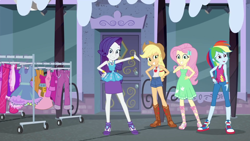 Size: 1920x1080 | Tagged: safe, screencap, character:applejack, character:fluttershy, character:rainbow dash, character:rarity, episode:street chic, g4, my little pony:equestria girls, bare shoulders, clothing, converse, dress, geode of fauna, geode of shielding, geode of super speed, geode of super strength, magical geodes, shoes, sleeveless, sneakers, snow, strapless, tank top, this will not end well