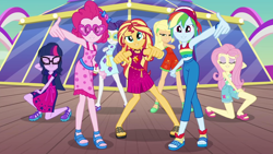 Size: 1920x1080 | Tagged: safe, screencap, character:applejack, character:fluttershy, character:pinkie pie, character:rainbow dash, character:rarity, character:sunset shimmer, character:twilight sparkle, character:twilight sparkle (scitwi), species:eqg human, episode:i'm on a yacht, g4, my little pony:equestria girls, alternate hairstyle, clothing, crossed arms, dress, eyes closed, feet, glasses, humane five, humane seven, humane six, legs, looking at you, ponytail, pose, sandals, shoes, shorts, skirt, sleeveless, sunglasses, swag, tank top, yacht