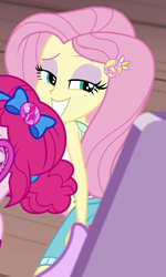 Size: 492x819 | Tagged: safe, screencap, character:fluttershy, character:pinkie pie, character:twilight sparkle, character:twilight sparkle (scitwi), species:eqg human, episode:i'm on a yacht, g4, my little pony:equestria girls, alternate hairstyle, clothing, cropped, cute, eyeshadow, female, geode of fauna, geode of sugar bombs, lidded eyes, magical geodes, makeup, seductive look, selfie, she knows, shorts, shyabetes, solo focus, they know