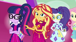 Size: 1920x1080 | Tagged: safe, screencap, character:fluttershy, character:rarity, character:sunset shimmer, character:twilight sparkle, character:twilight sparkle (scitwi), species:eqg human, equestria girls:spring breakdown, g4, my little pony:equestria girls, beverage, brochure, drink, geode of empathy, geode of shielding, geode of telekinesis, glasses, magical geodes, ponytail, smiling, smirk, smug, straw, sunglasses, yacht