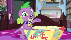 Size: 1280x720 | Tagged: safe, screencap, character:spike, character:spike (dog), species:dog, episode:reboxing with spike!, g4, my little pony:equestria girls, male, paw pads, paws, sci-twi's room, solo, spike's dog collar, underpaw