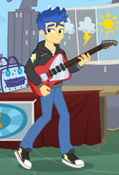 Size: 368x540 | Tagged: safe, screencap, character:flash sentry, episode:best trends forever, g4, my little pony:equestria girls, bag, clothing, converse, cropped, electric guitar, guitar, hoodie, implied rarity, male, pants, shoes, smiling, sneakers