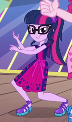 Size: 418x713 | Tagged: safe, screencap, character:pinkie pie, character:twilight sparkle, character:twilight sparkle (scitwi), species:eqg human, episode:i'm on a yacht, g4, my little pony:equestria girls, clothing, cropped, geode of telekinesis, glasses, legs, magical geodes, offscreen character, ponytail, shoes, skirt, smiling