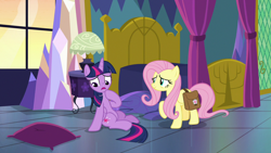 Size: 1280x720 | Tagged: safe, screencap, character:fluttershy, character:twilight sparkle, character:twilight sparkle (alicorn), species:alicorn, species:pegasus, species:pony, episode:a health of information, g4, my little pony: friendship is magic, bag, bags under eyes, bed, cutie mark, duo, female, lamp, on floor, pillow, saddle bag, sitting, twilight's bed, twilight's bedroom, twilight's castle