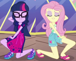 Size: 1350x1080 | Tagged: safe, screencap, character:fluttershy, character:twilight sparkle, character:twilight sparkle (scitwi), species:eqg human, episode:i'm on a yacht, g4, my little pony:equestria girls, clothing, cropped, cute, dress, eyes closed, eyeshadow, feet, female, geode of fauna, glasses, legs, magical geodes, makeup, one shoulder, ponytail, pose, sandals, shoes, shorts, skirt, smiling