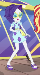 Size: 391x725 | Tagged: safe, screencap, character:rarity, character:sunset shimmer, episode:i'm on a yacht, g4, my little pony:equestria girls, clothing, cropped, dress, feet, female, glasses, legs, offscreen character, open-toed shoes, sandals, skirt, sunglasses