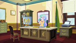Size: 1920x1080 | Tagged: safe, screencap, character:princess celestia, character:principal celestia, episode:schedule swap, g4, my little pony:equestria girls, banner, blinds, book, bookshelf, box, canterlot high, celestia's office, chair, clothing, computer, computer mouse, computer screen, cutie mark, desk, diploma, female, flag, flag pole, floor, furniture, happy, holding, indoors, jacket, keyboard, lidded eyes, microphone, moon, office, printer, roof, screen, shelf, shirt, sitting, smiling, solo, speakers, stars, sun, trophy, wall, wall of tags, whiteboard, window, woman