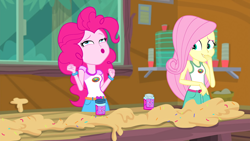 Size: 1920x1080 | Tagged: safe, screencap, character:fluttershy, character:pinkie pie, equestria girls:legend of everfree, g4, my little pony:equestria girls, blooper, clothing, faec, funny face, kissing, kissy face, legend of everfree - bloopers, o-face, sleeveless, tank top