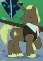 Size: 513x723 | Tagged: safe, screencap, character:chocolate sun, species:pony, species:unicorn, episode:the best night ever, g4, my little pony: friendship is magic, at the gala, background pony, clothing, eyes closed, male, raised hoof, solo, stallion, vest
