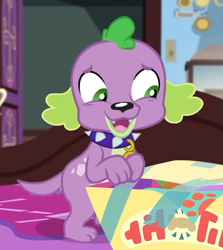 Size: 643x720 | Tagged: safe, screencap, character:spike, character:spike (dog), species:dog, episode:reboxing with spike!, g4, my little pony:equestria girls, box, cropped, male, paws, sci-twi's room, spike's dog collar