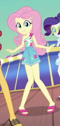 Size: 326x682 | Tagged: safe, screencap, character:fluttershy, character:rarity, character:sunset shimmer, my little pony:equestria girls, clothing, cropped, feet, female, geode of fauna, legs, magical geodes, offscreen character, open-toed shoes, sandals, shorts, smiling
