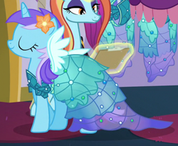 Size: 1120x917 | Tagged: safe, screencap, character:diamond mint, character:sassy saddles, species:pony, species:unicorn, episode:canterlot boutique, g4, my little pony: friendship is magic, background pony, clipboard, clothing, dress, eyes closed, eyeshadow, female, flower, flower in hair, lidded eyes, magic, makeup, mare, princess dress, telekinesis