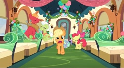 Size: 2048x1133 | Tagged: safe, screencap, character:apple bloom, character:applejack, character:big mcintosh, character:granny smith, species:pony, episode:hearthbreakers, g4, my little pony: friendship is magic, christmas decoration, rock, train
