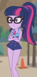 Size: 1018x2100 | Tagged: safe, screencap, character:twilight sparkle, character:twilight sparkle (scitwi), species:eqg human, episode:unsolved selfie mysteries, g4, my little pony:equestria girls, adorasexy, beach, clothing, cropped, crossed arms, cute, geode of telekinesis, glasses, legs, magical geodes, ponytail, sexy, sleeveless, solo, swimsuit
