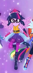 Size: 303x661 | Tagged: safe, screencap, character:rainbow dash, character:rarity, character:twilight sparkle, character:twilight sparkle (scitwi), species:eqg human, equestria girls:spring breakdown, g4, my little pony:equestria girls, clothing, cropped, crown, cutie mark, cutie mark on equestria girl, female, glasses, jewelry, lifejacket, offscreen character, pants, ponied up, pony ears, regalia, scitwilicorn, shoes, skirt, solo focus, spread wings, super ponied up, wings