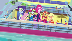 Size: 1920x1080 | Tagged: safe, screencap, character:applejack, character:flash sentry, character:fluttershy, character:pinkie pie, character:rainbow dash, character:rarity, character:sunset shimmer, character:twilight sparkle, character:twilight sparkle (scitwi), species:eqg human, episode:i'm on a yacht, g4, my little pony:equestria girls, animal, background human, cruise, cruise ship, dolphin, garden grove, happy, humane five, humane seven, humane six, one eye closed, peace sign, reflection, sleeveless, sunburn, sunglasses, swimming pool, valhallen, wink, yacht