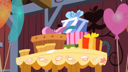 Size: 2560x1440 | Tagged: safe, screencap, episode:party of one, g4, my little pony: friendship is magic, balloon, ei, hub logo, no pony, present, table